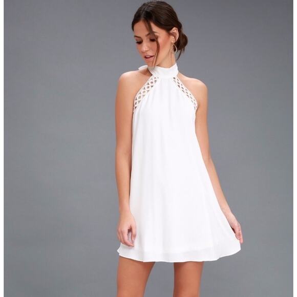 Lulus Womens Any Sway Shape Form Dress Small White Crochet Halter Trapeze Mini - Picture 1 of 16
